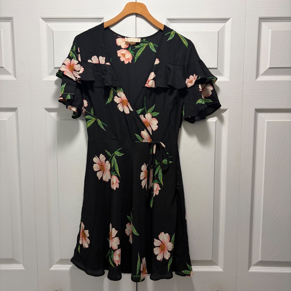 Altar'd State Black Floral Ruffle Wrap Mini Dress Pink Flowers L8SD1036 Small